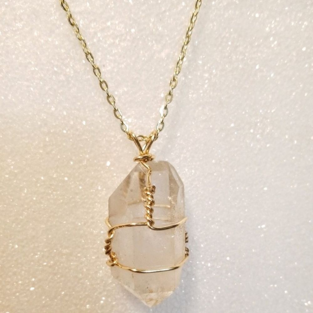 Gold Copper Wire Wrapped Quartz Crystal Necklace